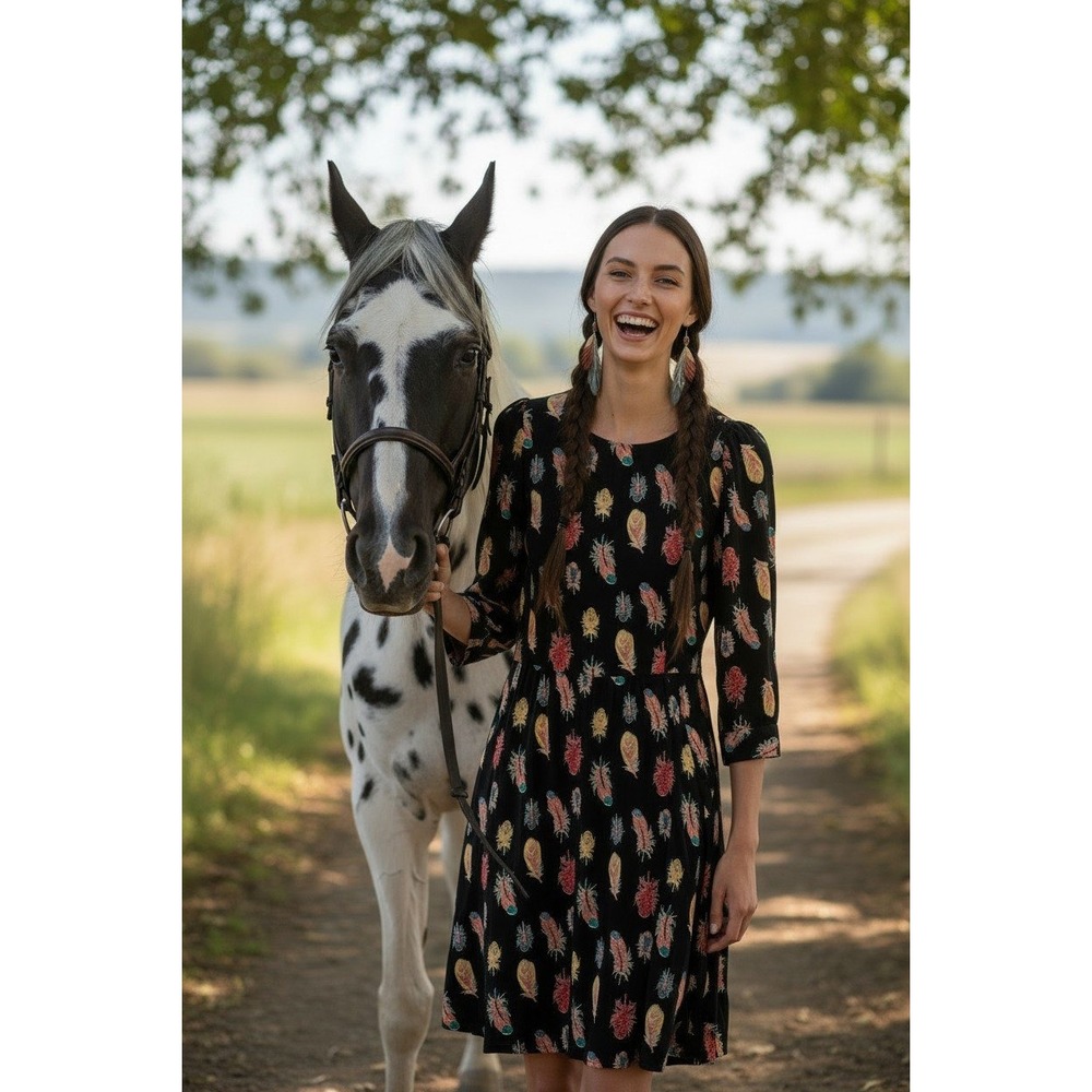 Loco‎ Lindo Feather Print Drop Waist Pocket Dress Black Rayon L Made in USA